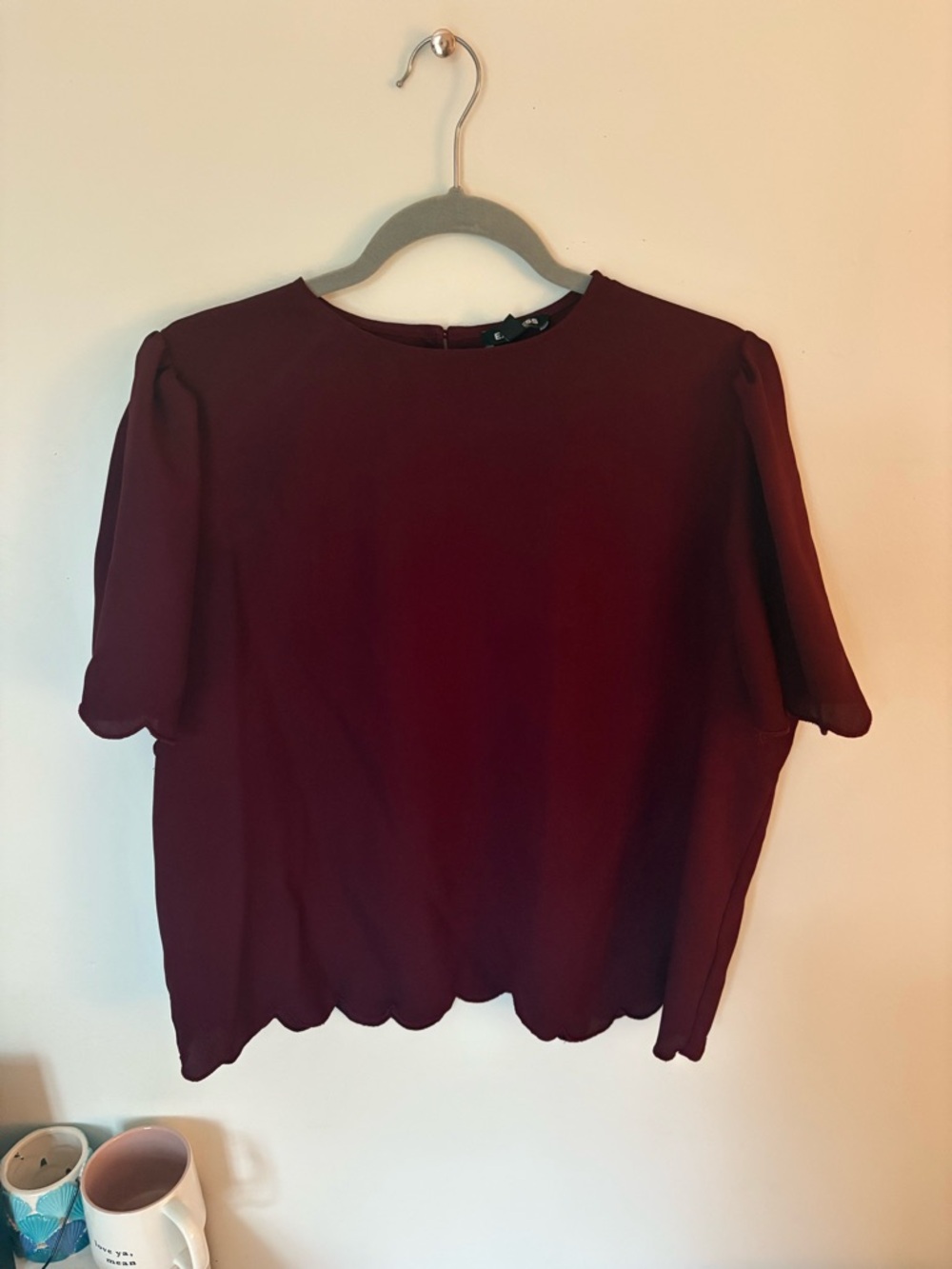 Express Maroon Scalloped Short Sleeve Shirt